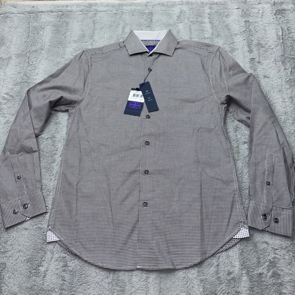 Michelsons London Shirt Mens Black‎ Dobby Check Button Up Small Slim-fit NWT